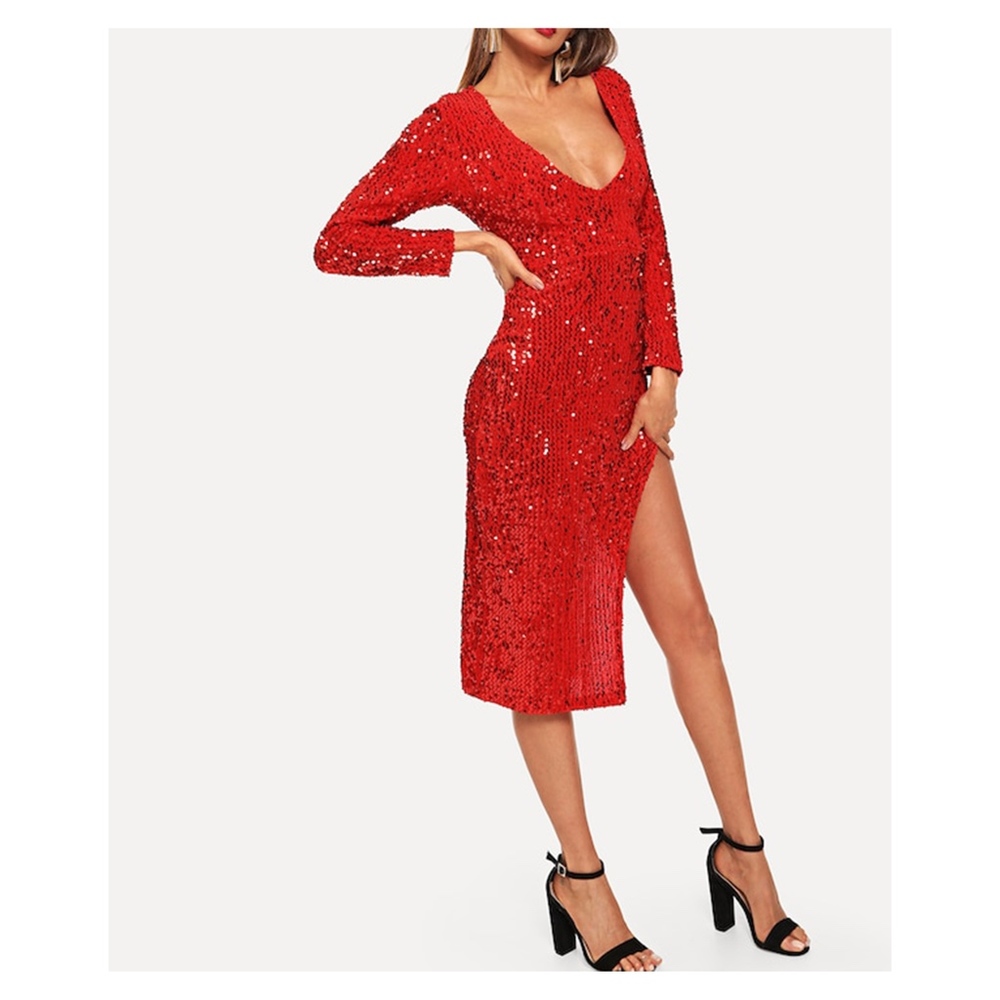 Red Deep V Long Sleeve High Slit Sequin Midi Dress - Picture 4 of 8